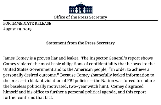 Comey "Is A Proven Liar And Leaker" White House Slams Former FBI Director After IG Report