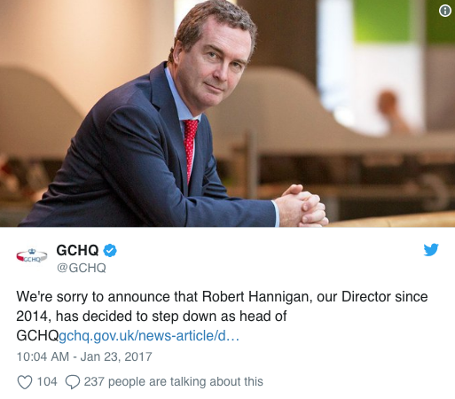 Screenshot of GCHQ Tweet announcing Hannigan's resignation on 23 Jan 2017