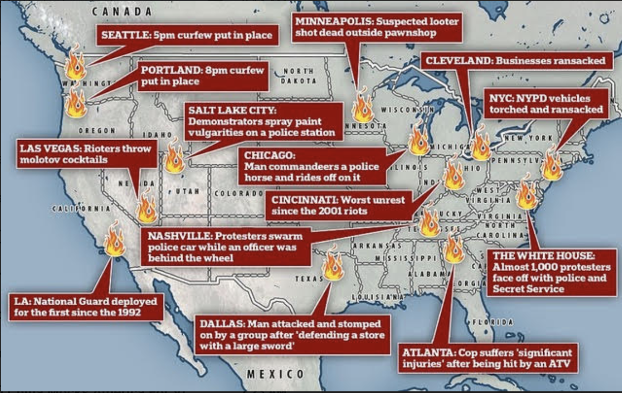 Режим сша. Карта беспорядков в США. Карта протестов в США 2020. Карта погромов в США. Массовые беспорядки в США карта.