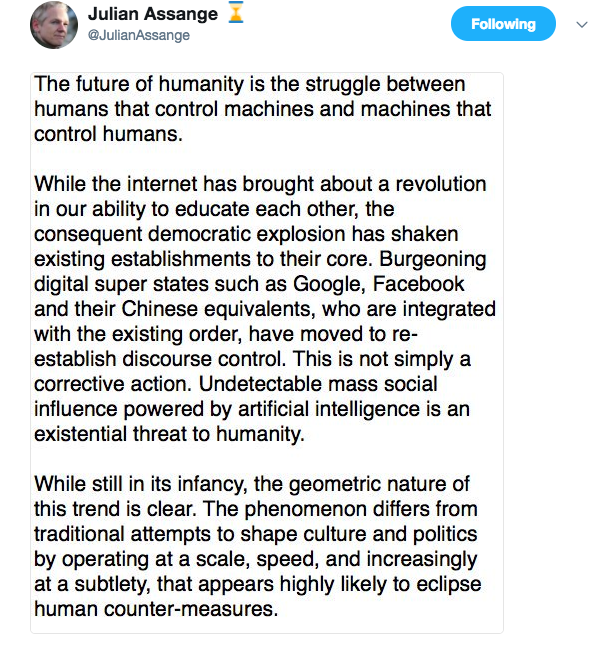 Screenshot of Assange Tweet.