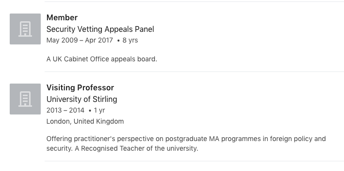 Screenshot of Claire Smith's LinkedIN showing her service on the Security Vetting Appeals Panel while also occupied as a visiting Professor at Stirling University