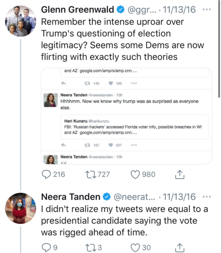 Biden Appointee Neera Tanden Spread the Conspiracy That
Russian Hackers Changed Hillary's 2016 Votes To Trump:
Greenwald 5