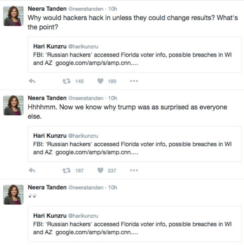 Biden Appointee Neera Tanden Spread the Conspiracy That
Russian Hackers Changed Hillary's 2016 Votes To Trump:
Greenwald 4