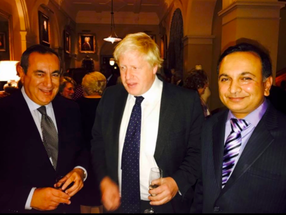 Boris Johnson pictured at the dinner with the ‘London professor’, Joseph Mifsud (left) and Prasenjit Kumar Singh.
