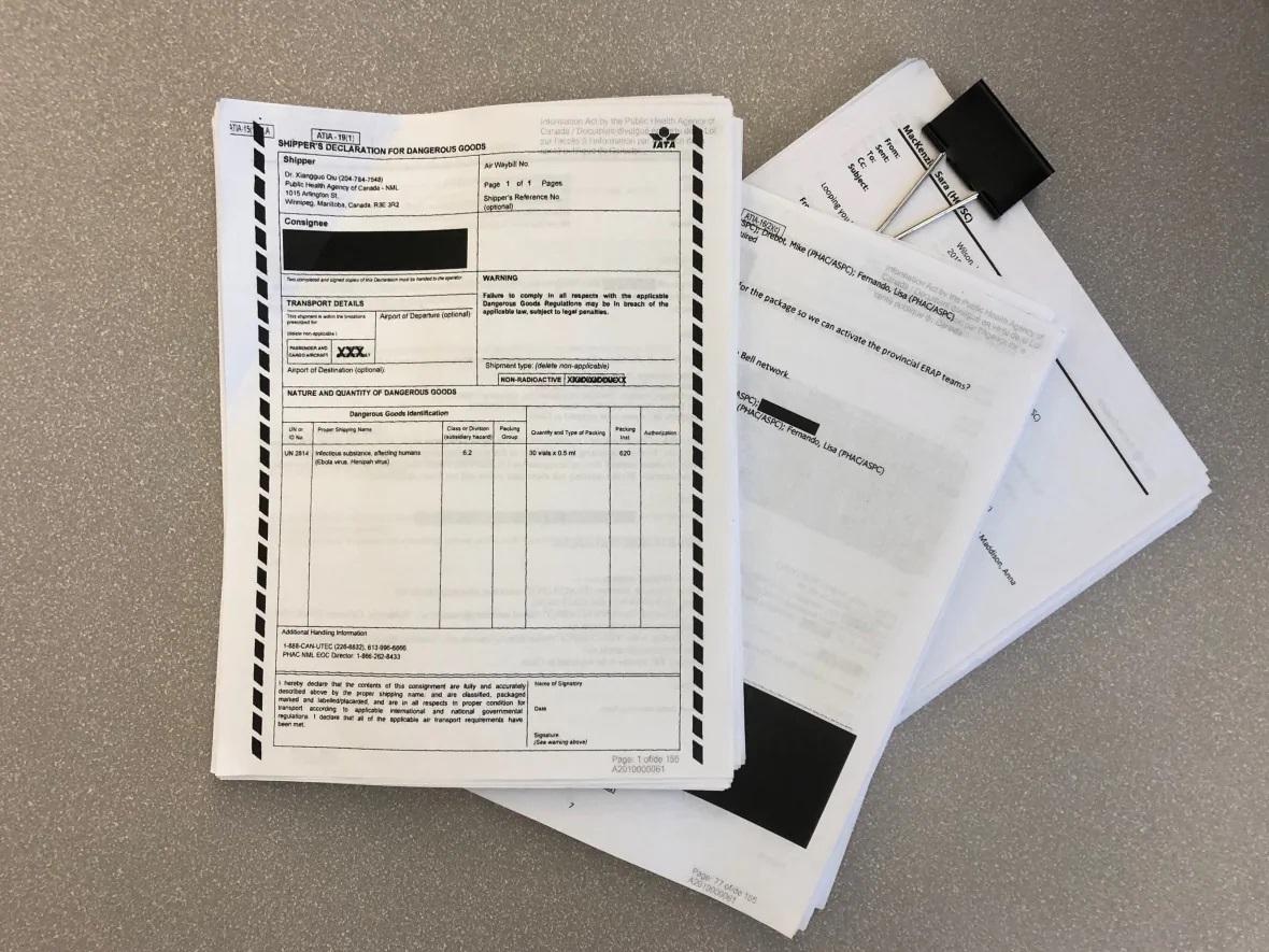 CBC News received hundreds of pages of documents through an Access to Information request, detailing a shipment of Ebola and Henipah viruses sent from the National Microbiology Lab in Winnipeg, to the Wuhan virology lab in China. (Karen Pauls/CBC News)