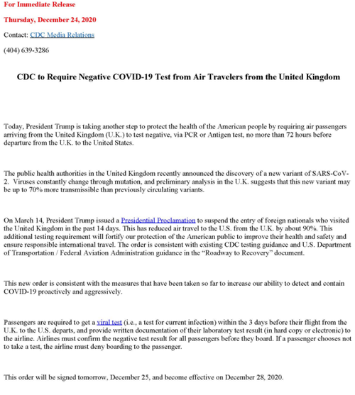Os EUA exigem que todos os viajantes do Reino Unido testem o negativo para COVID, regras do CDC 3