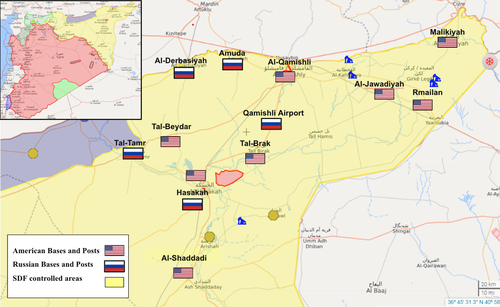 Some known US base locations in northeast Syria, via a recent map/"Syria Direct."